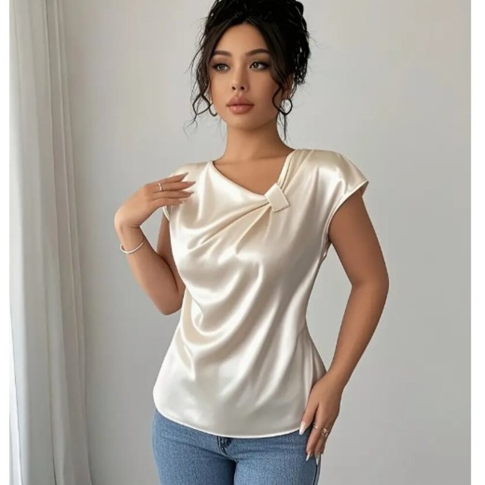Elegant Apricot French-Inspired Satin Blouse Size L NEW - Picture 2 of 4